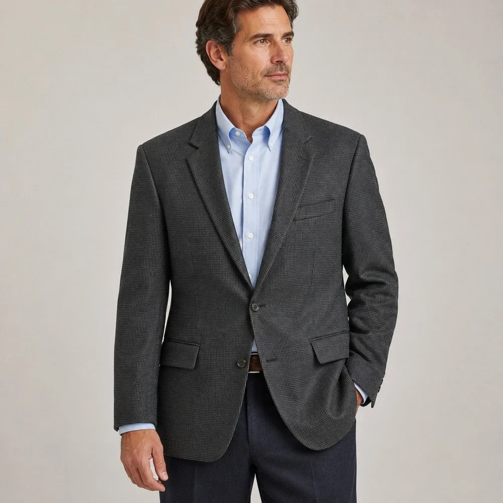 Brooks Brothers Mens 44‎ Long Worsted Wool Grey Houndstooth Blazer Sport Coat